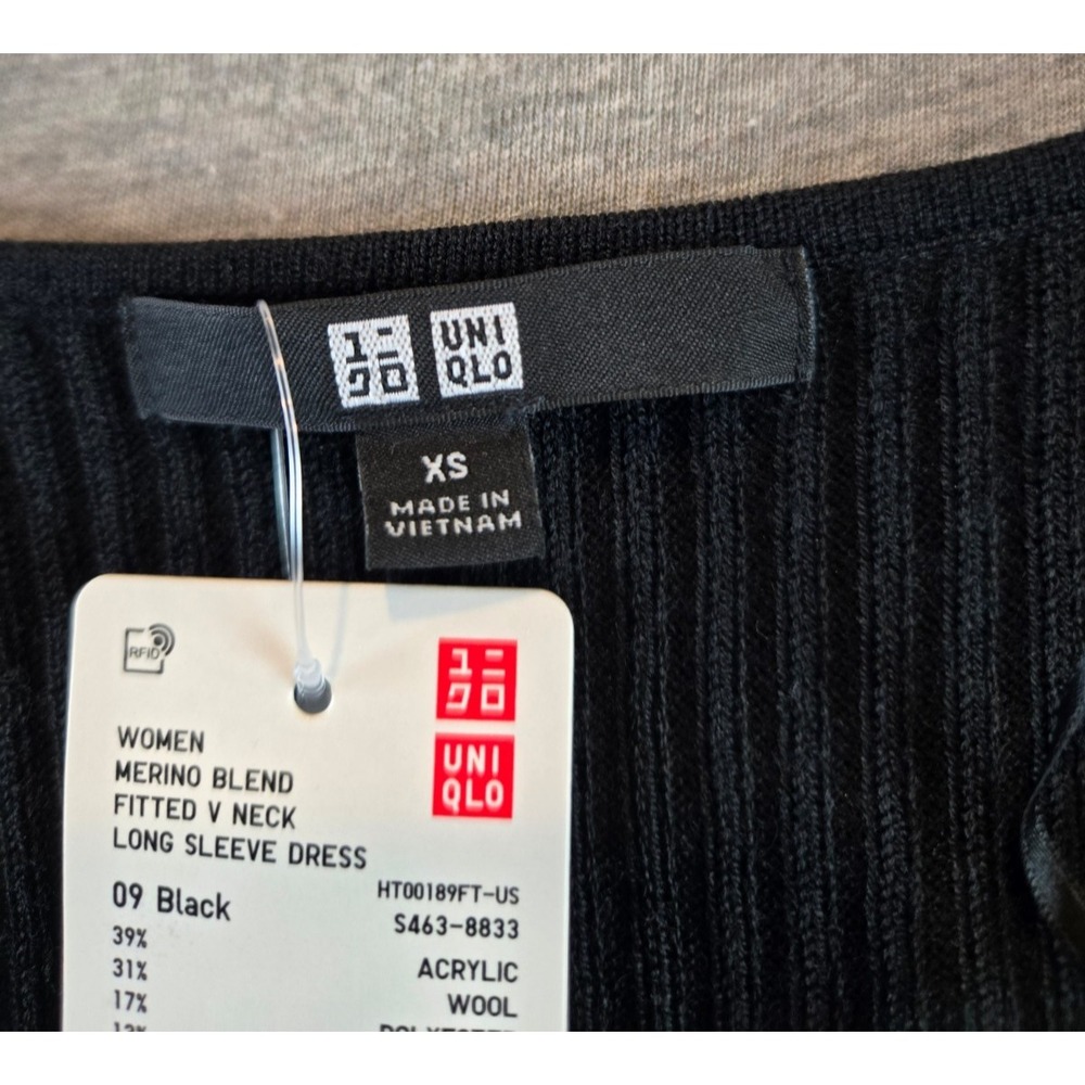 NWT Uniqlo Dress XS Black Merino Blend V Neck‎ Fitted Long Sleeve Ribbed Minimal - Picture 5 of 10
